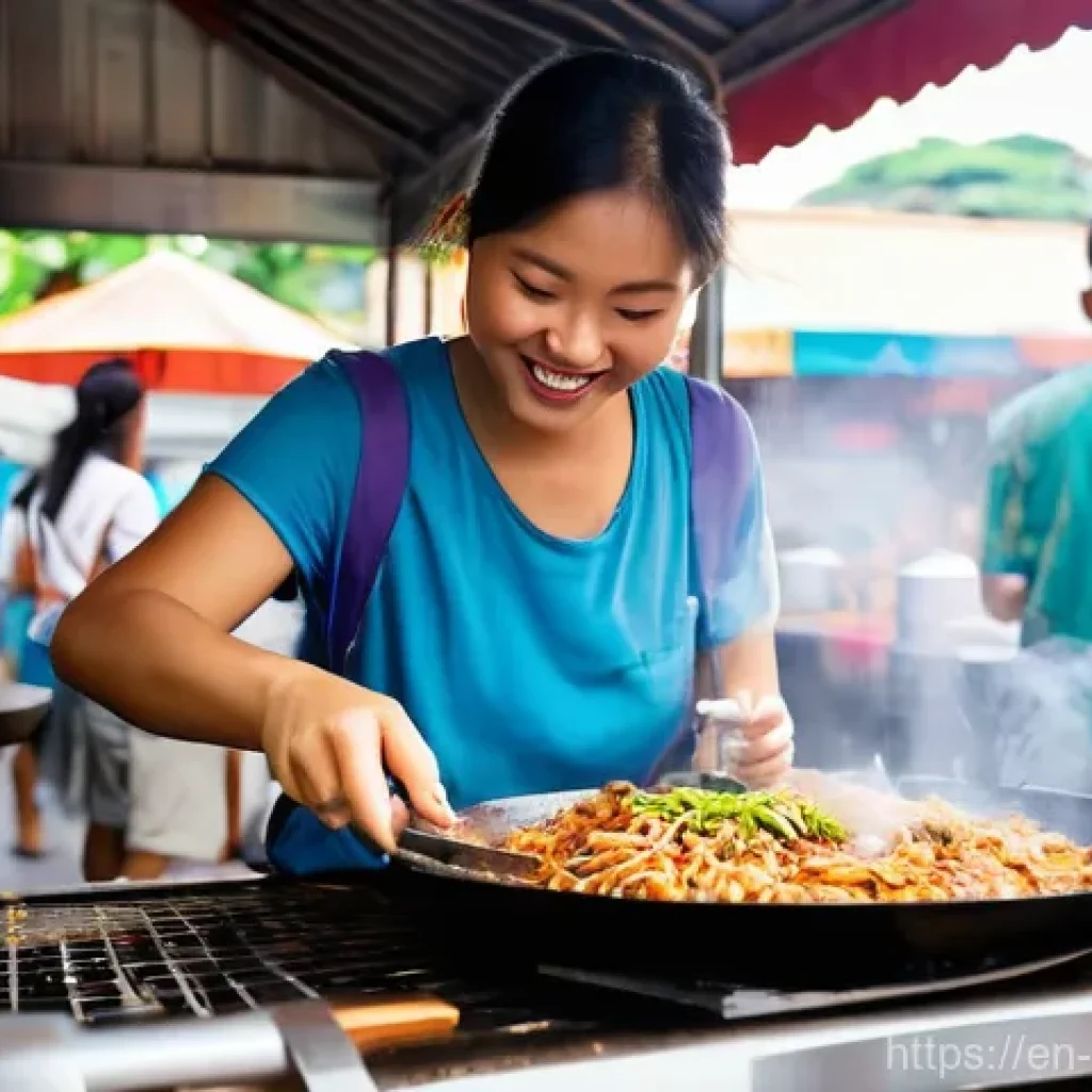 말레이시아에서 안전한 여행 루트 추천 - **Urban Culinary Adventure in Kuala Lumpur**
    A vibrant, sunlit scene of a solo female traveler (...