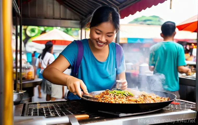 말레이시아에서 안전한 여행 루트 추천 - **Urban Culinary Adventure in Kuala Lumpur**
    A vibrant, sunlit scene of a solo female traveler (...