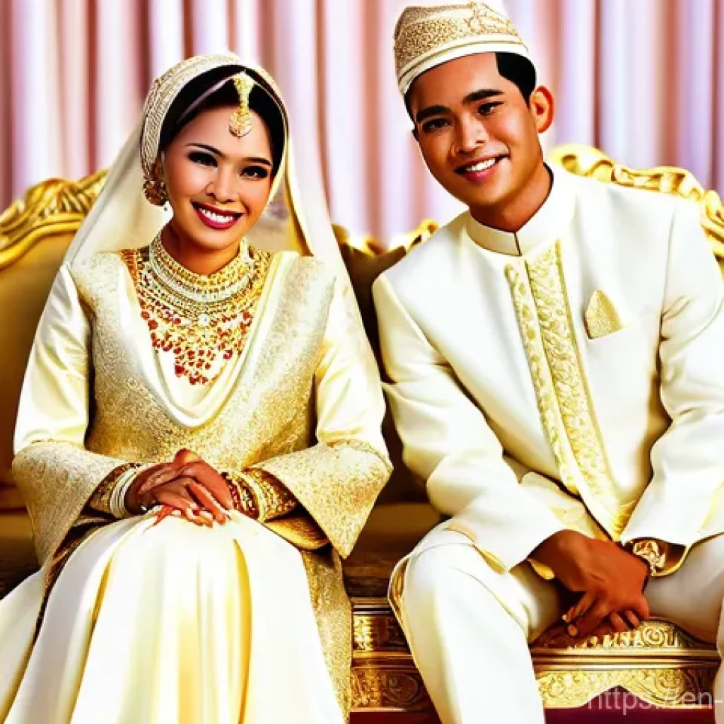 말레이시아의 독특한 결혼 문화 - **Malay Wedding "Bersanding" Ceremony**
A Malaysian Malay bride and groom, in their late 20s, ar...