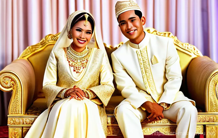 말레이시아의 독특한 결혼 문화 - **Malay Wedding "Bersanding" Ceremony**
    A Malaysian Malay bride and groom, in their late 20s, ar...