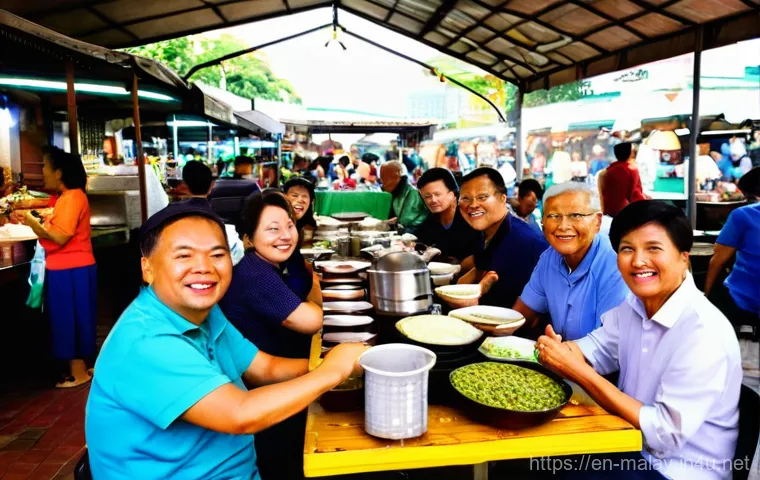 말레이시아 은퇴 비자 프로그램 - **Prompt:** A vibrant, bustling hawker center in a Malaysian city like Penang, filled with diverse p...