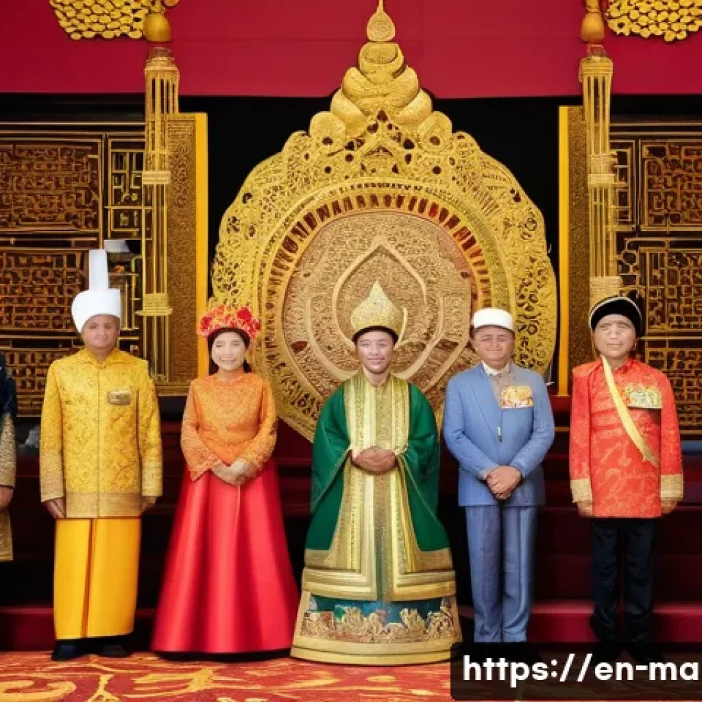 말레이시아 정치 시스템 이해 - A detailed and vibrant illustration of the Malaysian constitutional monarchy ceremony: The Yang di-P...