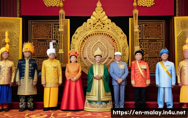 말레이시아 정치 시스템 이해 - A detailed and vibrant illustration of the Malaysian constitutional monarchy ceremony: The Yang di-P...