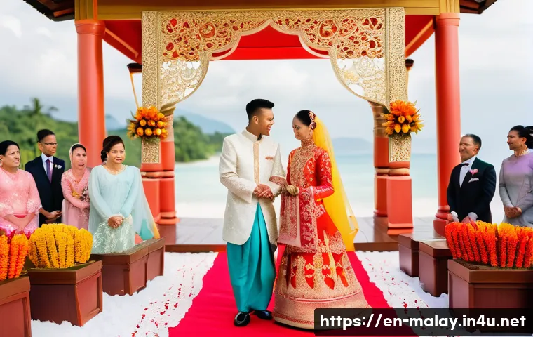 말레이시아 국제 결혼 사례와 문화 차이 - A multicultural wedding scene showing a Malaysian bride and groom in traditional attire&mdash;she wears a ...