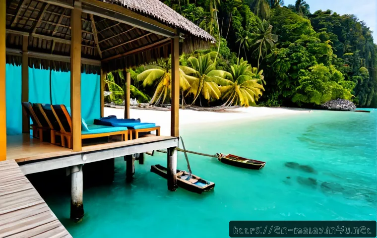 말레이시아의 섬 리조트 가격대별 비교 - Photorealistic split-scene comparison of an affordable Malaysian island resort: a simple clean beach...