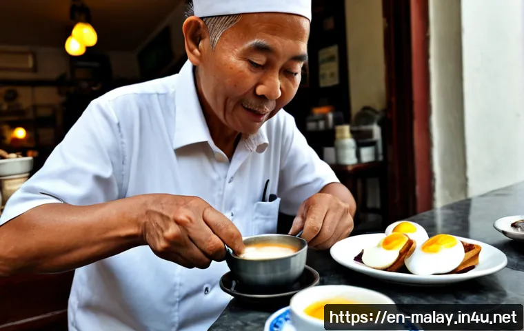 Home 15 말레이시아의 커피 문화와 카페 추천 - Photorealistic Malaysian kopitiam breakfast scene in Kuala Lumpur, an elderly Malaysian Chinese bari...