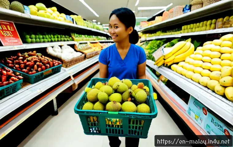 Home 17 말레이시아 현지 슈퍼마켓에서 장보기 - Photorealistic wide-angle scene inside a clean Malaysian neighborhood supermarket, a friendly adult ...